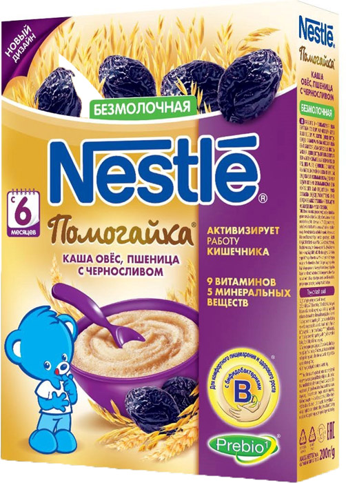 Каша Nestle Помогайка сухая безмолочная Овес Пшеница Чернослив, с 6 мес. 200 гр.