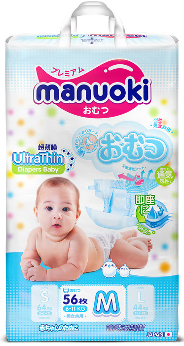 Подгузники Manuoki (Мануоки) Ультра тонкие M (6-11 кг), 56 шт.