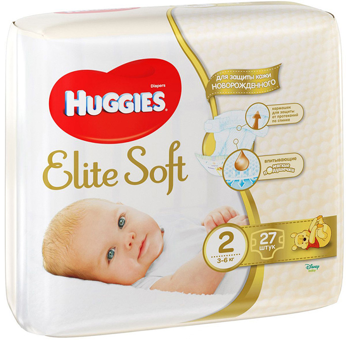 Подгузники Huggies (Хаггис) Elite Soft Conv. 2 (3-6кг), 27 шт.