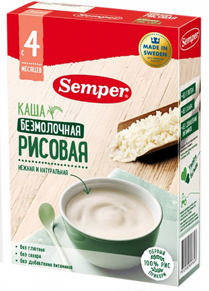 Каша Semper безмолочная Рисовая, с 4 мес., 180 гр.