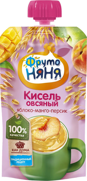 Кисель ФрутоНяня овсяный с яблоком, манго и персиком, с 12 мес., 130 мл.