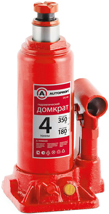 Домкрат бутылочный AUTOPROFI, гидравлический, 4т, защита от перегруза, высота подъёма 180-350 мм.