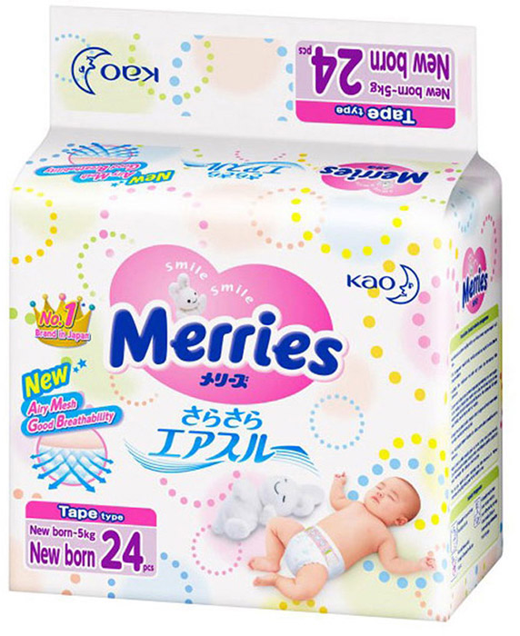 Подгузники Merries (Мерриес) для новорожденных NB ( до 5кг), 24 шт.