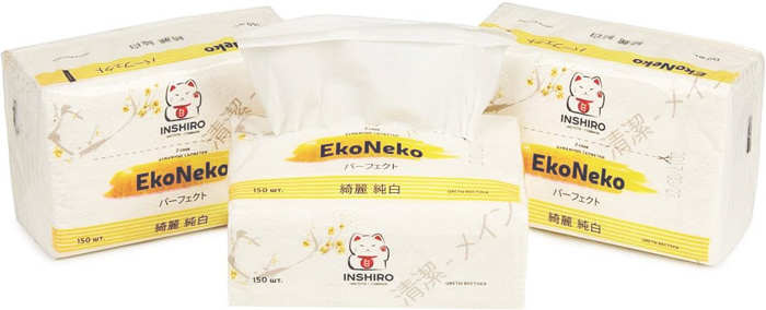 Салфетки в мягкой упаковке Inshiro EkoNeko 2-х. слойные белые, 150 шт.