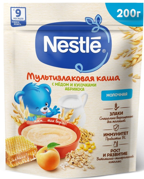 Каша Nestle Мульзлаковая Мед Абрикос молочная дойпак, с 9 мес. 200гр