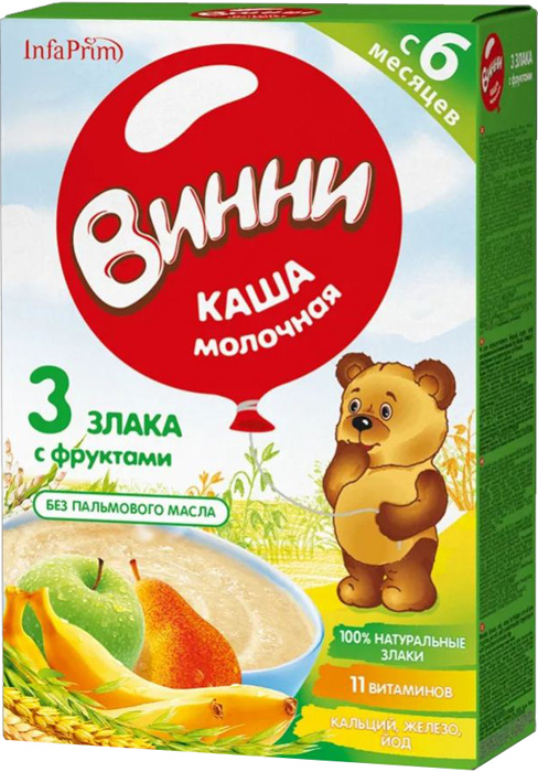 Каша Винни молочная 3 злака с фруктами, с 6 мес., 200 гр.