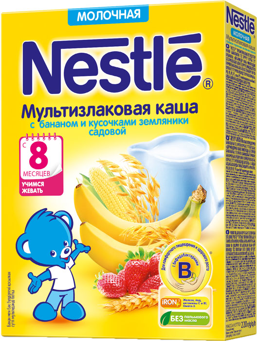 Каша Nestle сухая молочная Мультизлаковая с бананом и кусочками земляники, с 8 мес., 220 гр.