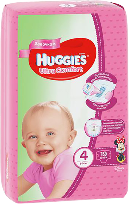 Подгузники Huggies (Хаггис) Ultra Comfort для девочек 4 (8-14кг), 19 шт.