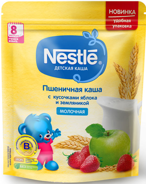 Каша сухая молочная Nestle Пшеничная с кусочками яблока и земляникой, 220 гр.