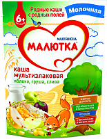 Каша молочная мультизлаковая Малютка со смесью фруктов Яблоко, Груша, Слива, с 6 мес., 220 гр.
